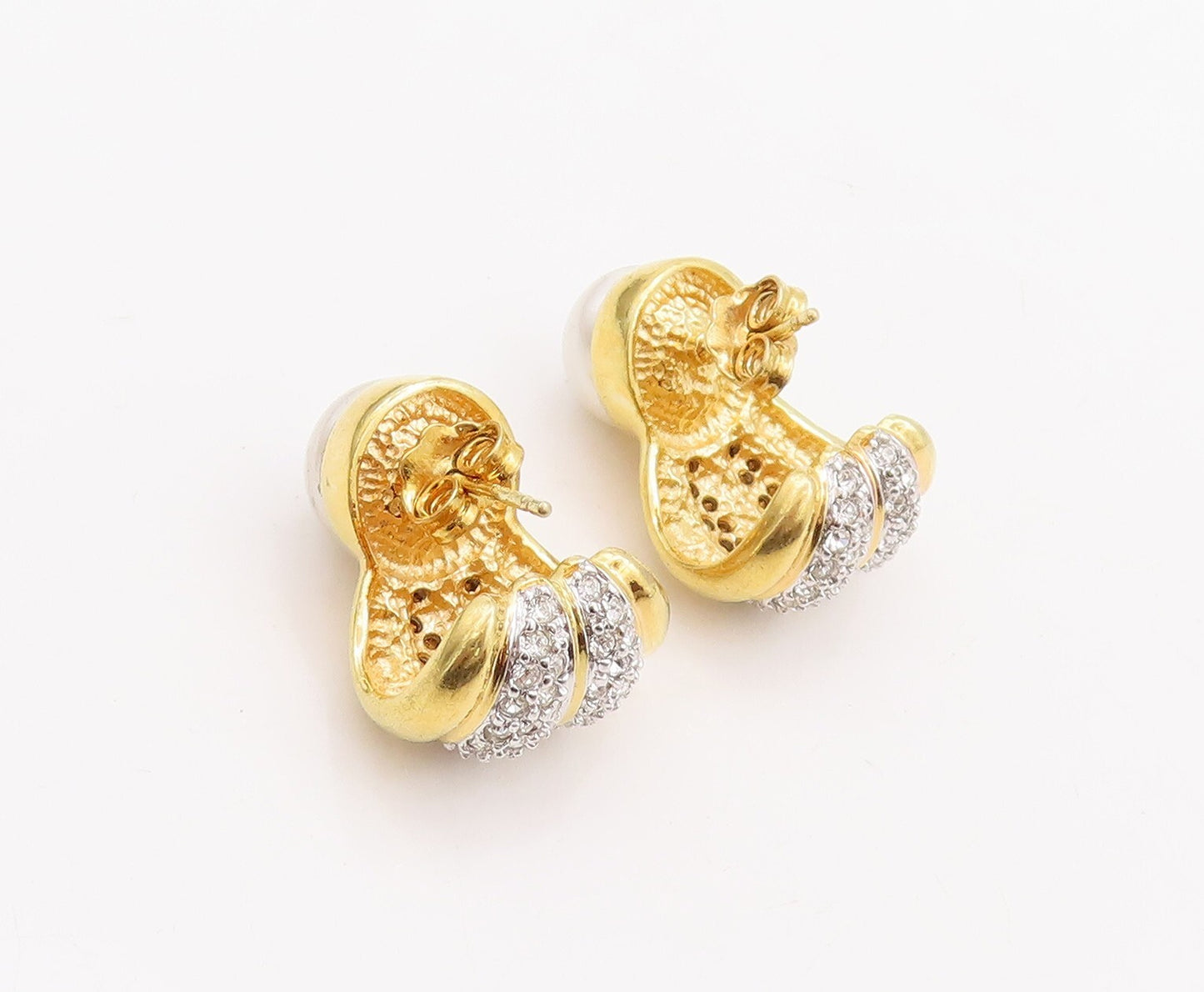925 Sterling Silver Vintage Earrings Gold Plated Pearl & CZ Inlay  EG13109