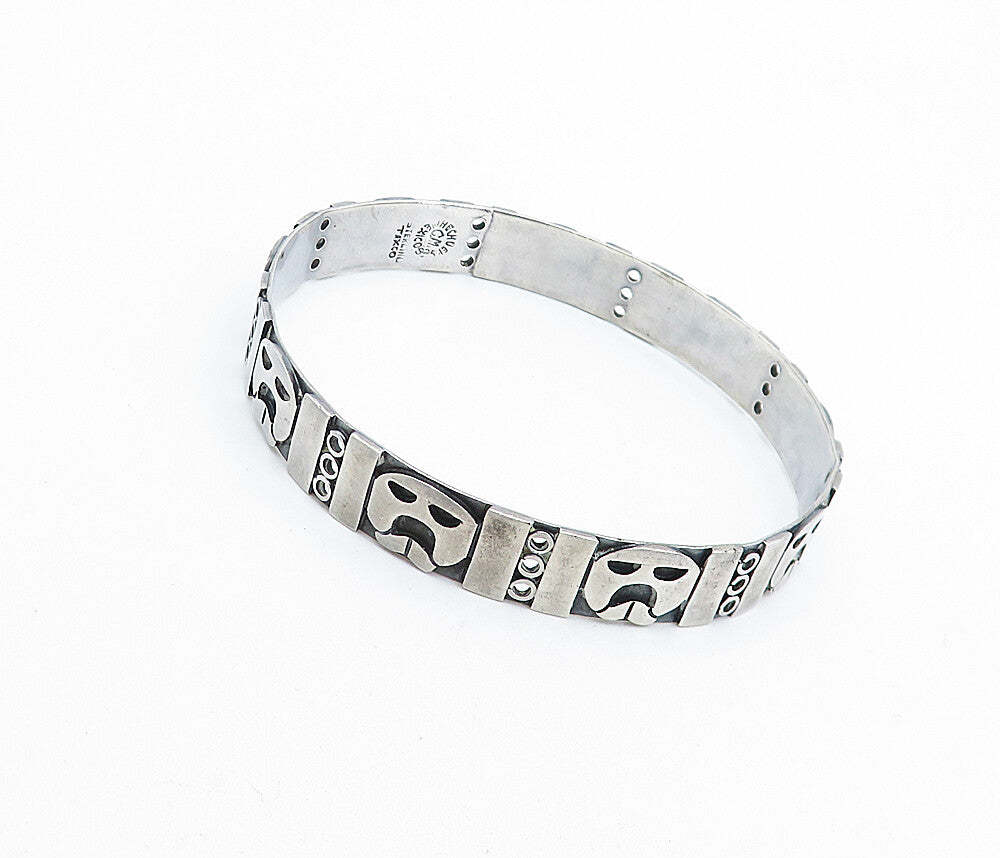 CM MEXICO 925 Sterling Silver Vintage Face Pattern Bangle Bracelet  BT3036