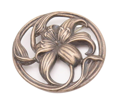 925 Sterling Silver Vintage Brooch Pin Antique Carved Framed Flower  BP10824