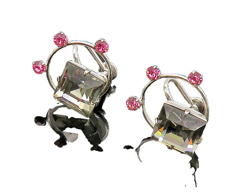 VAN DELL 925 Silver  Vintage White & Pink Topaz Non Pierce Earrings  EG11234