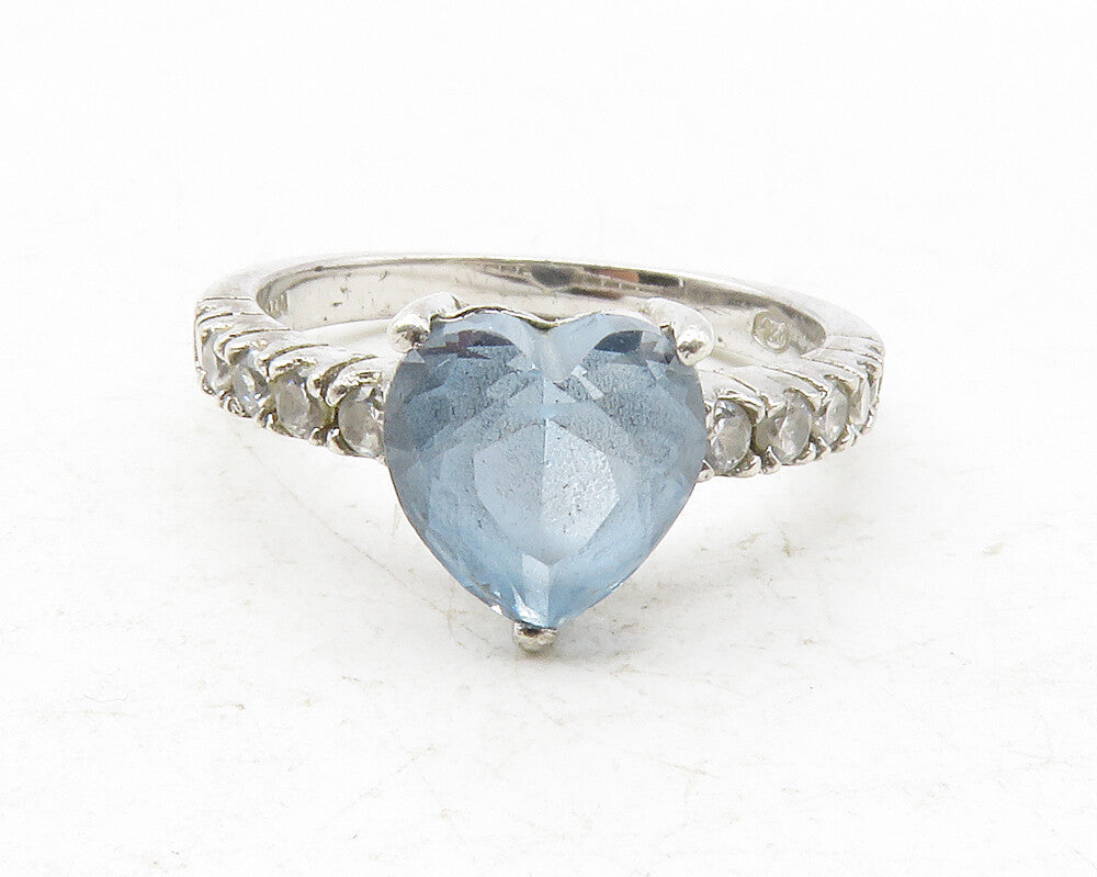 925 Sterling Silver  Blue & White Topaz Love Heart Band Ring Sz 7  RG12563