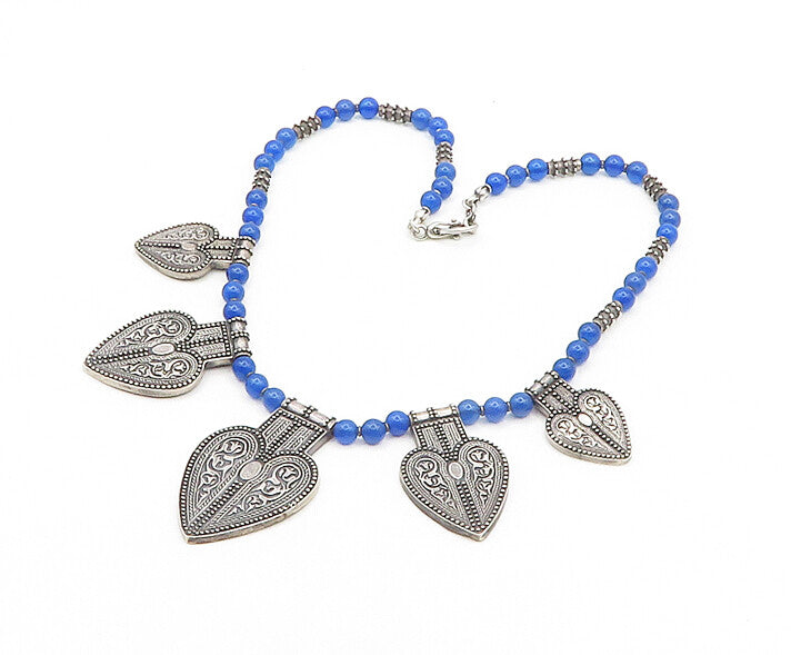 URARTU 925 Silver  Vintage Floral Love Heart Blue Stone Beaded Necklace NE3263