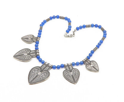 URARTU 925 Silver  Vintage Floral Love Heart Blue Stone Beaded Necklace NE3263