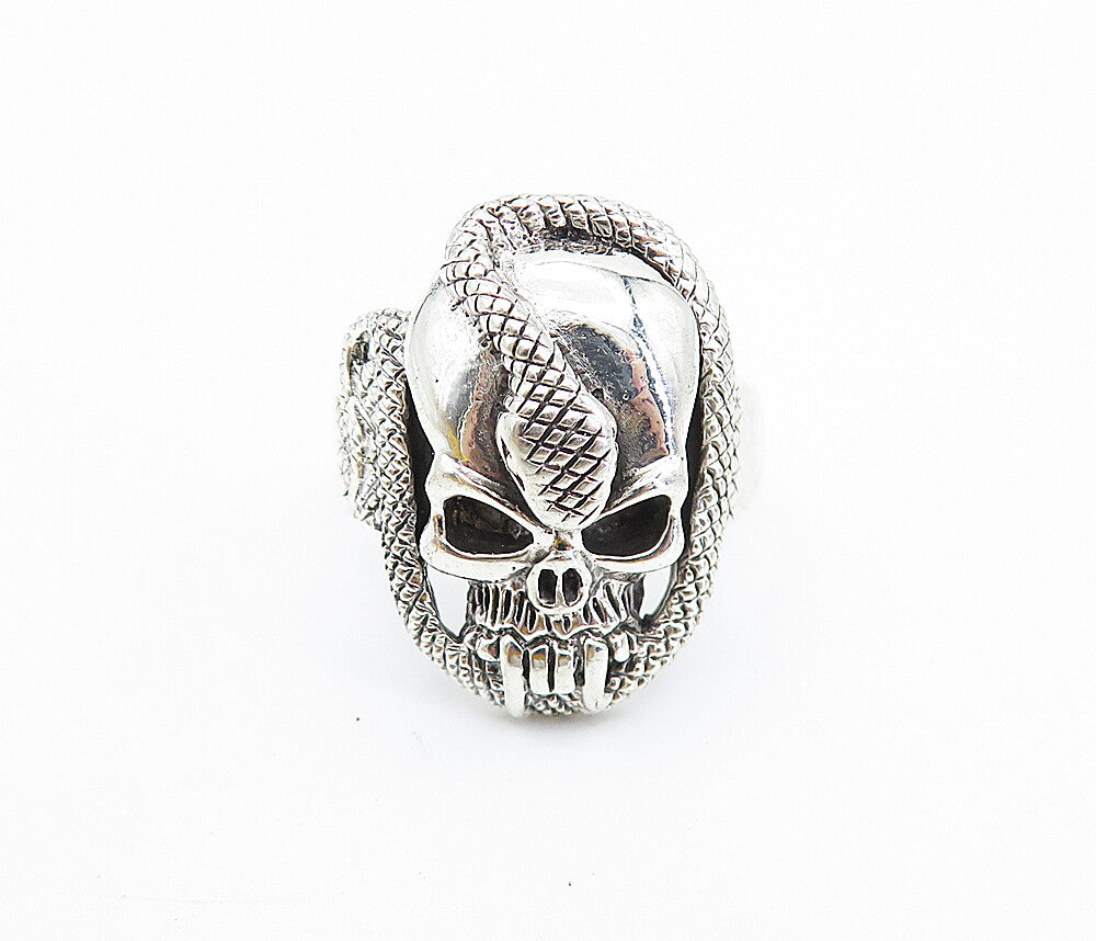 925 Sterling Silver  Vintage Shiny Snake & Skull Head Band Ring Sz 12.5 RG7429
