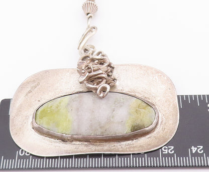 925 Sterling Silver Vintage Necklace Cylindrical Carved Green Marbles  NE4256