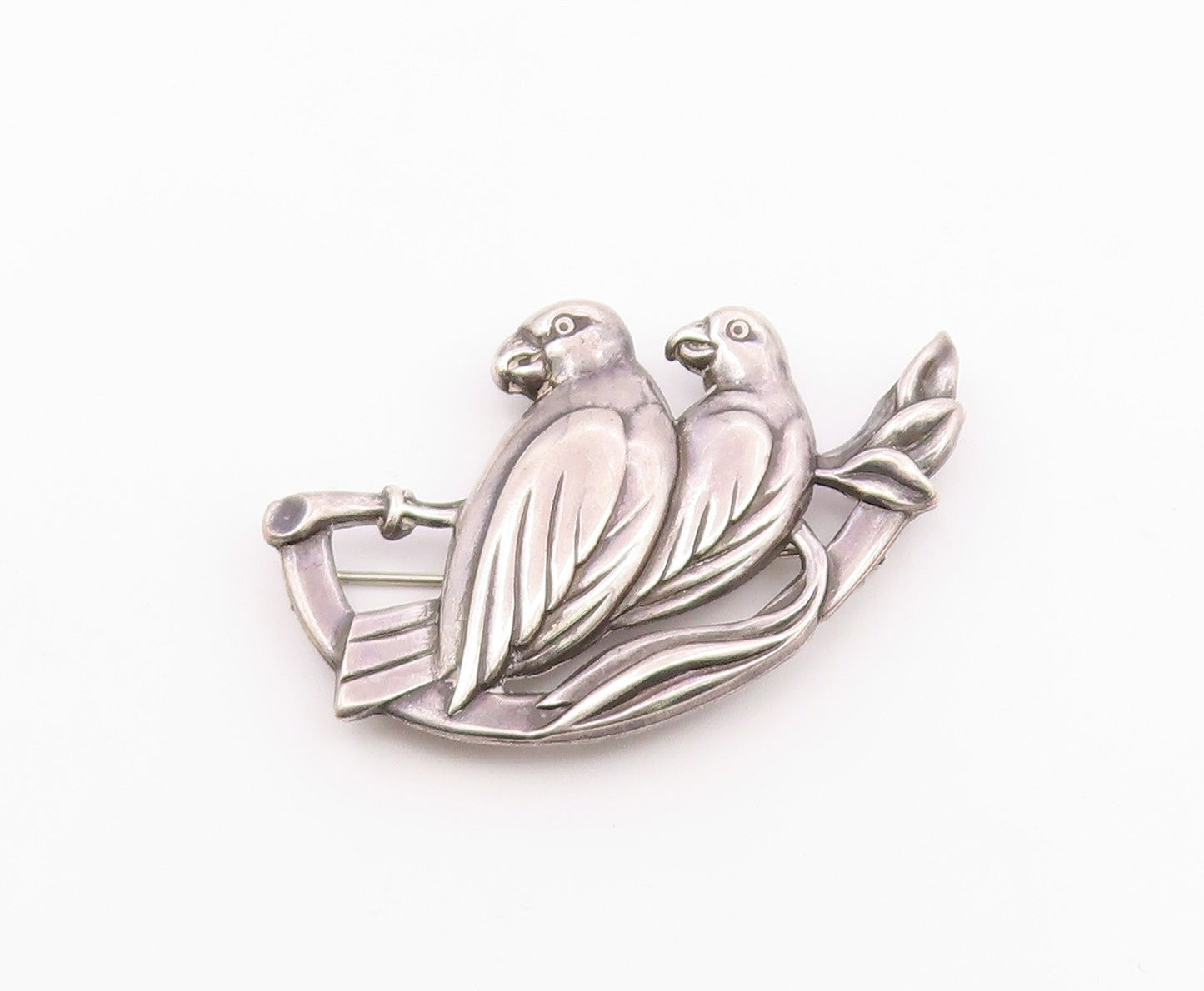 925 Sterling Silver  Vintage Shiny Love Birds On Branch Brooch Pin  BP9153