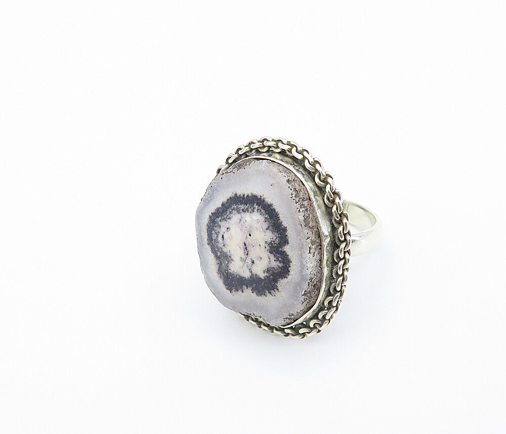 925 Sterling Silver  Vintage Agate Chain Link Border Cocktail Ring Sz 6 RG8126