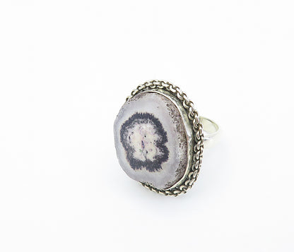 925 Sterling Silver  Vintage Agate Chain Link Border Cocktail Ring Sz 6 RG8126