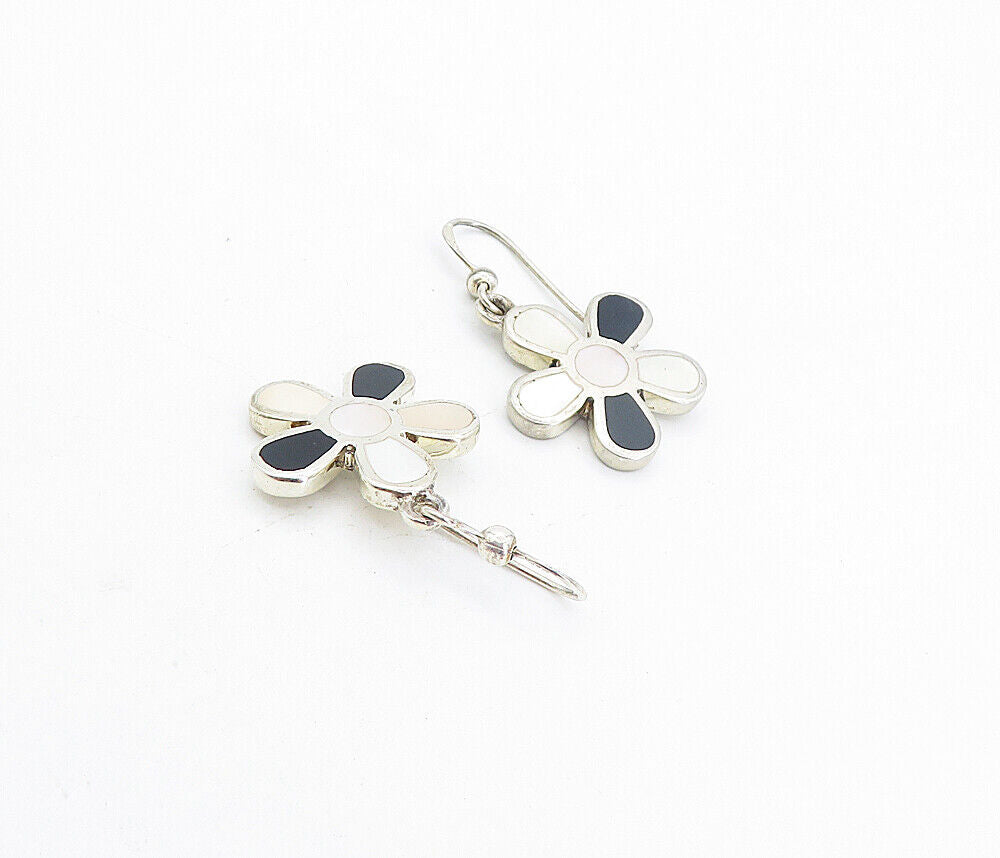 925 Silver  Vintage Mother Of Pearl & Black Onyx Flower Dangle Earrings EG3783