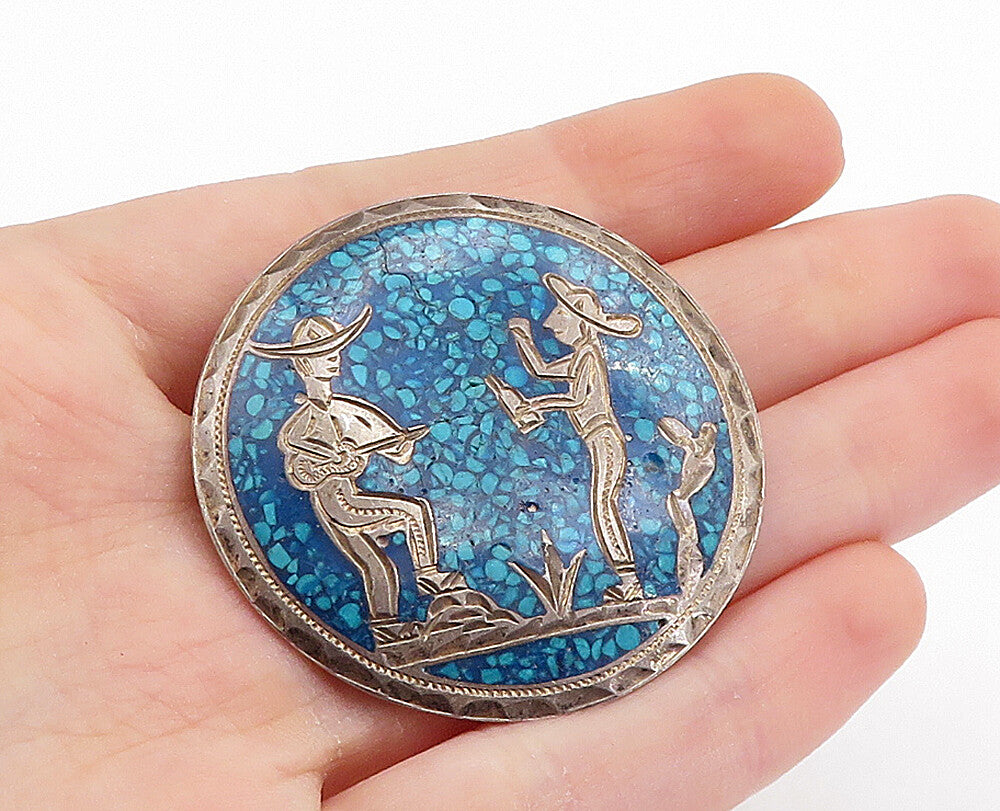 MEXICO 925 Silver  Vintage Turquoise Men Playing Music Brooch Pin  BP2613