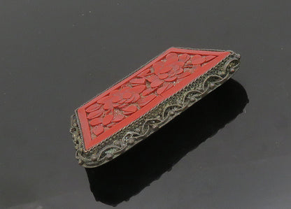 CHINESE 925 Silver  Vintage Antique Floral Carved Cinnabar Brooch Pin  BP7862