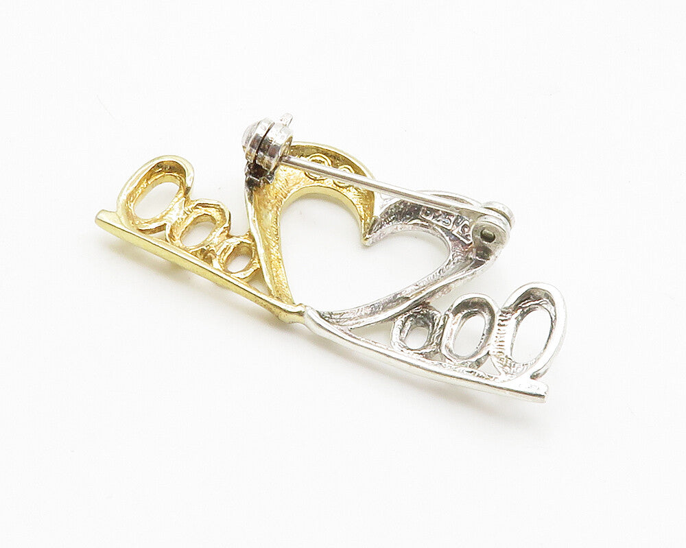 925 Sterling Silver  Shiny Two Tone Open Love Heart Brooch Pin  BP5373