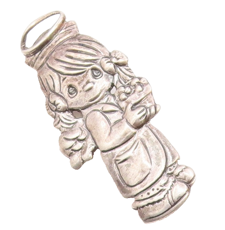 925 Sterling Silver  Vintage Little Girl Angel With Flowers Brooch Pin  BP8589