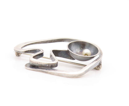 925 Sterling Silver Vintage Brooch Pearl Dark Tone Brutalist Design Cut  BP11512