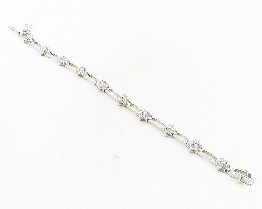 925 Sterling Silver  Cubic Zirconia Floral Bar Link Chain Bracelet  BT4248