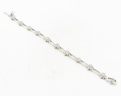 925 Sterling Silver  Cubic Zirconia Floral Bar Link Chain Bracelet  BT4248