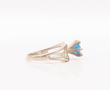925 Sterling Silver Vintage Ring Designer Cutout Round Cut Blue CZ Sz 8 RG28190