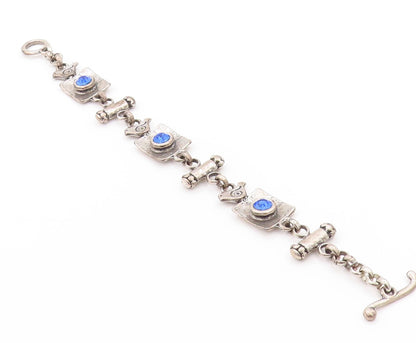 925 Sterling Silver Vintage Bracelet Etched Bird Letter & Blue CZ  BT11261