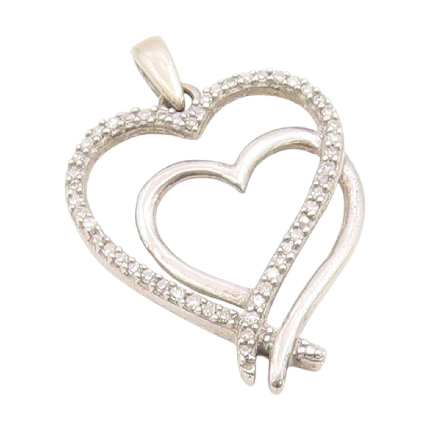 925 Sterling Silver Vintage Pendant Genuine Diamonds Double Love Heart  PT25906