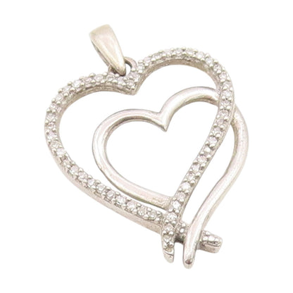 925 Sterling Silver Vintage Pendant Genuine Diamonds Double Love Heart  PT25906