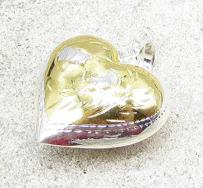 925 Sterling Silver Hand Chased 2 Tone Puffy Love Heart Drop Pendant PT1444