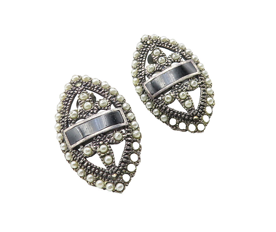 925 Sterling Silver  Vintage Petite Pearls & Black Onyx Drop Earrings  EG6298