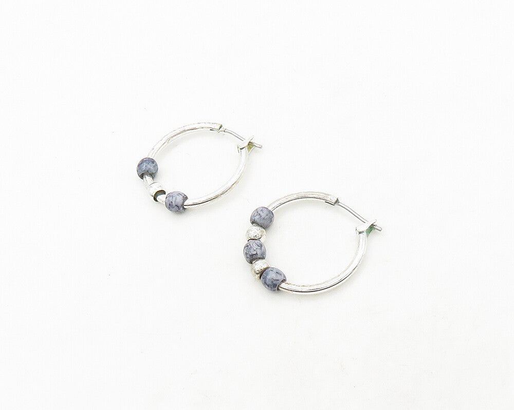 925 Sterling Silver  Vintage Sodalite Beaded Pattern Hoop Earrings  EG9738