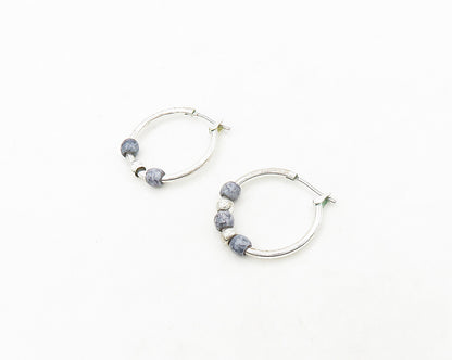 925 Sterling Silver  Vintage Sodalite Beaded Pattern Hoop Earrings  EG9738