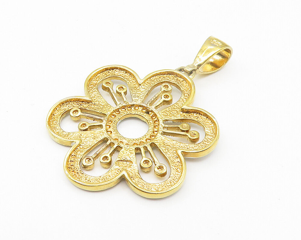 925 Sterling Silver  Shiny Two Tone Flower Motif Drop Pendant  PT8530