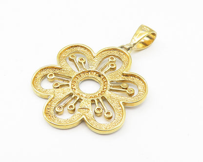 925 Sterling Silver  Shiny Two Tone Flower Motif Drop Pendant  PT8530