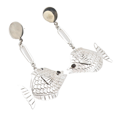 925 Sterling Silver Vintage Earrings MEXICO Onyx Eyed Tropical Fish  EG13586