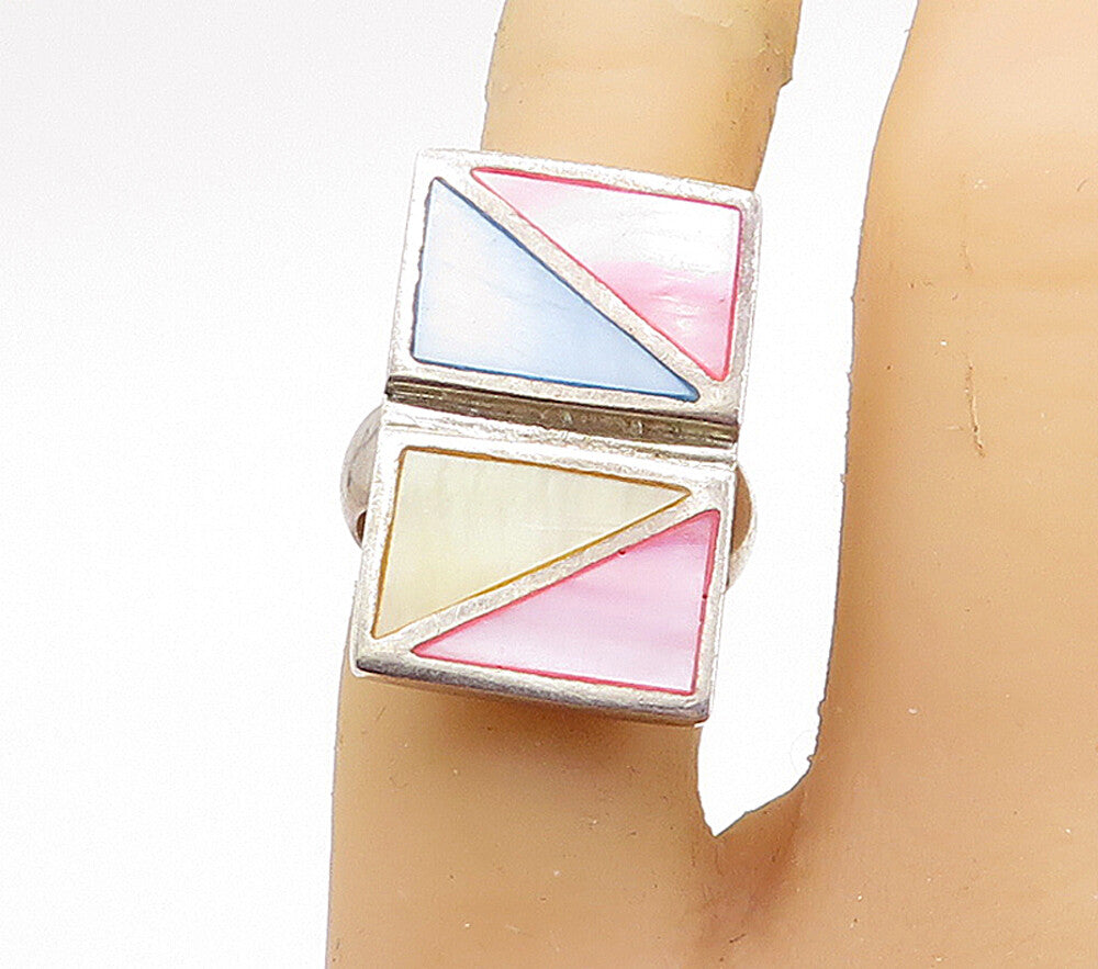 925 Silver  Vintage Modernist Mother Of Pearl Cocktail Ring Sz 6.5  RG6625
