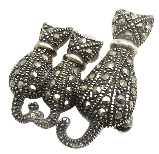 925 Sterling Silver  Vintage Marcasite Mom & Baby Cats Brooch Pin  BP5887