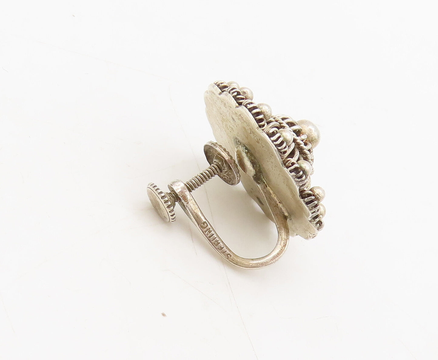 925 Sterling Silver  Vintage Beaded Roped Flower Screw Back Earrings  EG12687