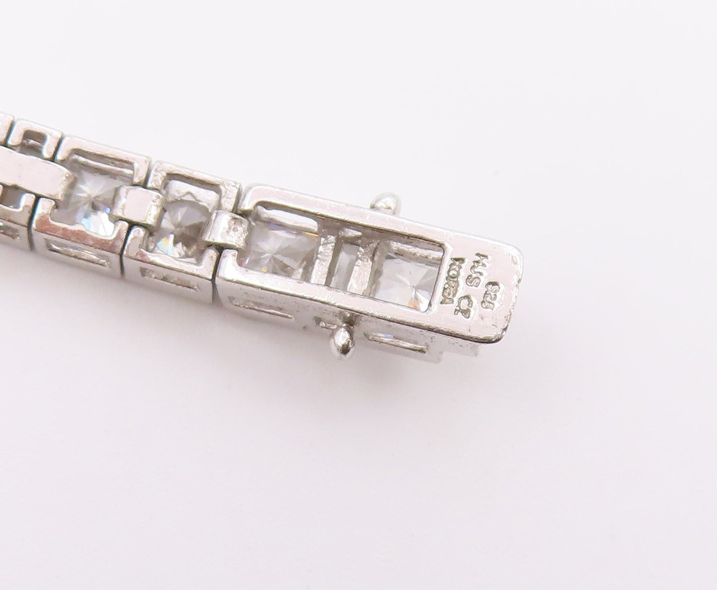 925 Sterling Silver  Vintage Cubic Zirconia Box Link Chain Bracelet  BT8349