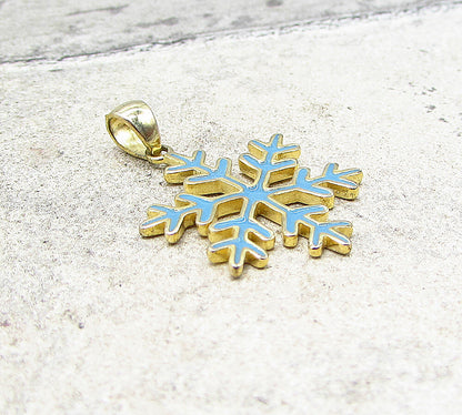 Gold Over 925 Sterling Silver Blue Enamel Snowflake Drop Pendant PT1480