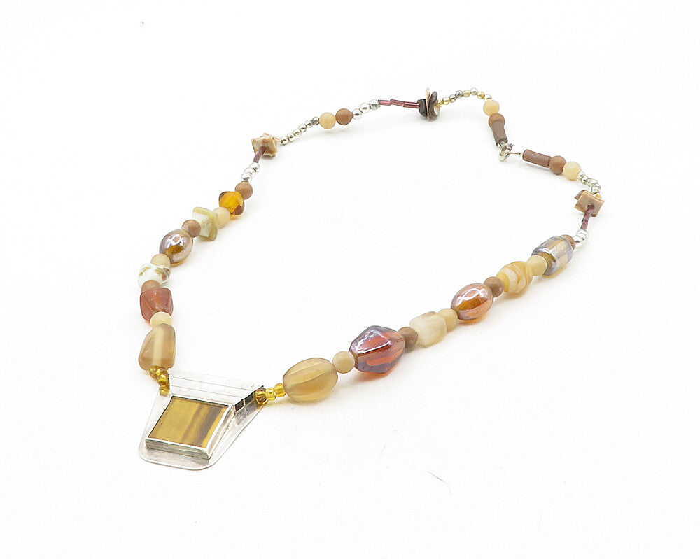 925 Silver  Vintage Tiger's Eye Agate & Carnelian Beaded Necklace  NE1886