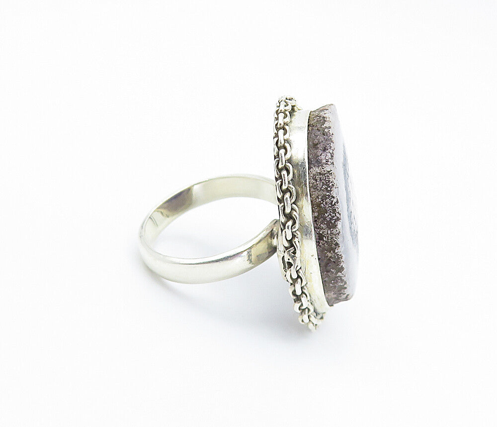 925 Sterling Silver  Vintage Agate Chain Link Border Cocktail Ring Sz 6 RG8126