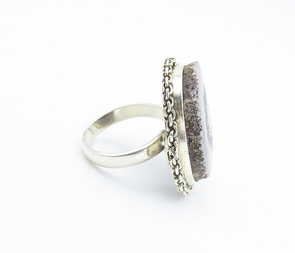 925 Sterling Silver  Vintage Agate Chain Link Border Cocktail Ring Sz 6 RG8126