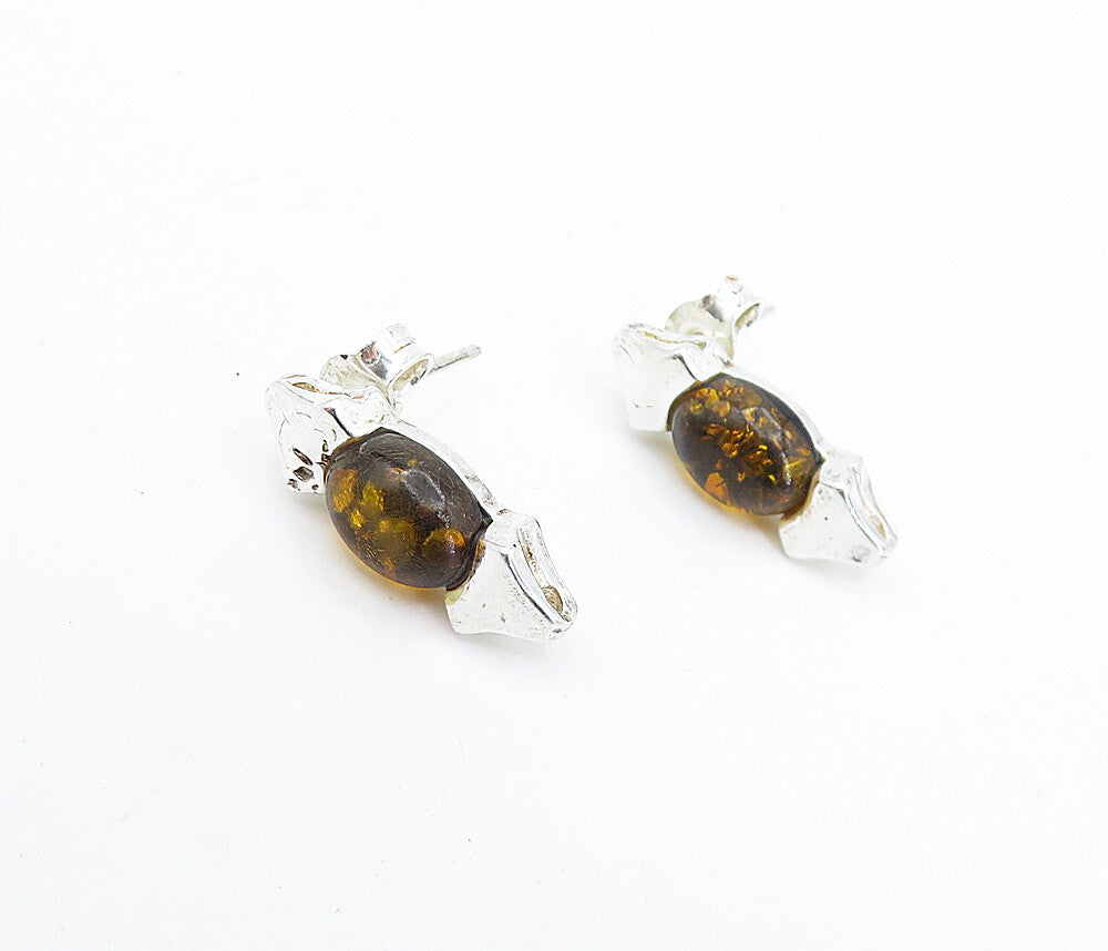 925 Sterling Silver  Cabochon Cut Amber Shiny Petite Drop Earrings  EG2254