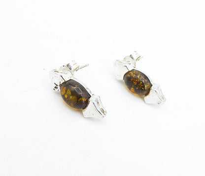 925 Sterling Silver  Cabochon Cut Amber Shiny Petite Drop Earrings  EG2254