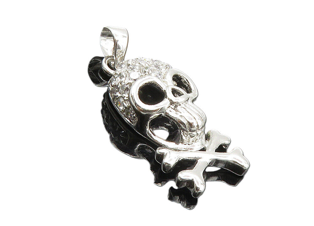925 Sterling Silver  Petite Shiny Topaz Skull & Cross Bones Pendant  PT7841