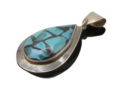 ISRAEL 925 Sterling Silver  Vintage Turquoise & Black Onyx Pendant PT13179