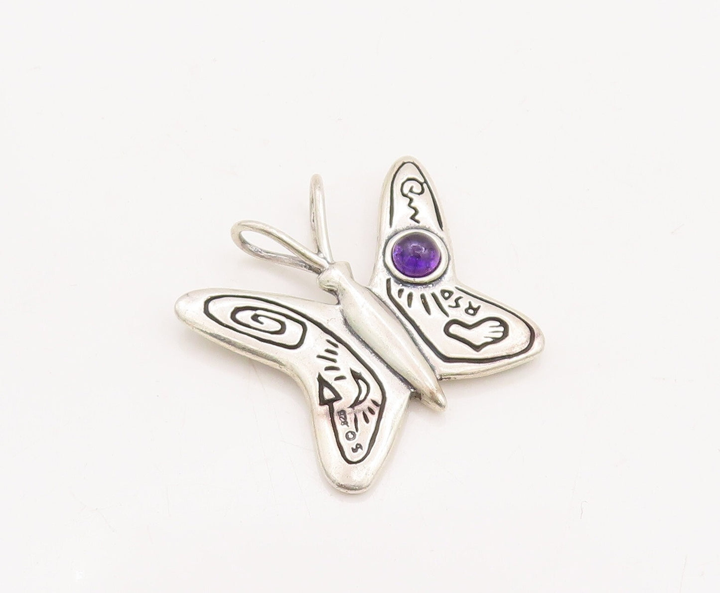 925 Sterling Silver Vintage Pendant Amethyst Swirly Etched Butterfly  PT23468