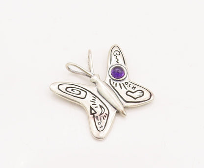 925 Sterling Silver Vintage Pendant Amethyst Swirly Etched Butterfly  PT23468