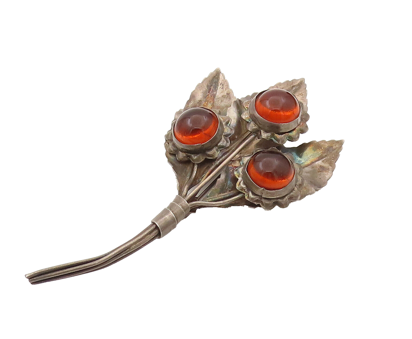925 Silver  Vintage Cabochon Citrine Flower & Leaf Bouquet Brooch Pin  BP10268