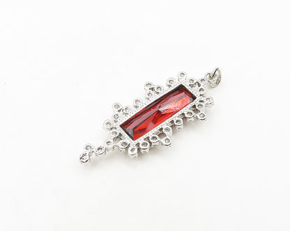925 Sterling Silver  Vintage Red Topaz & Cubic Zirconia Shiny Pendant  PT15002