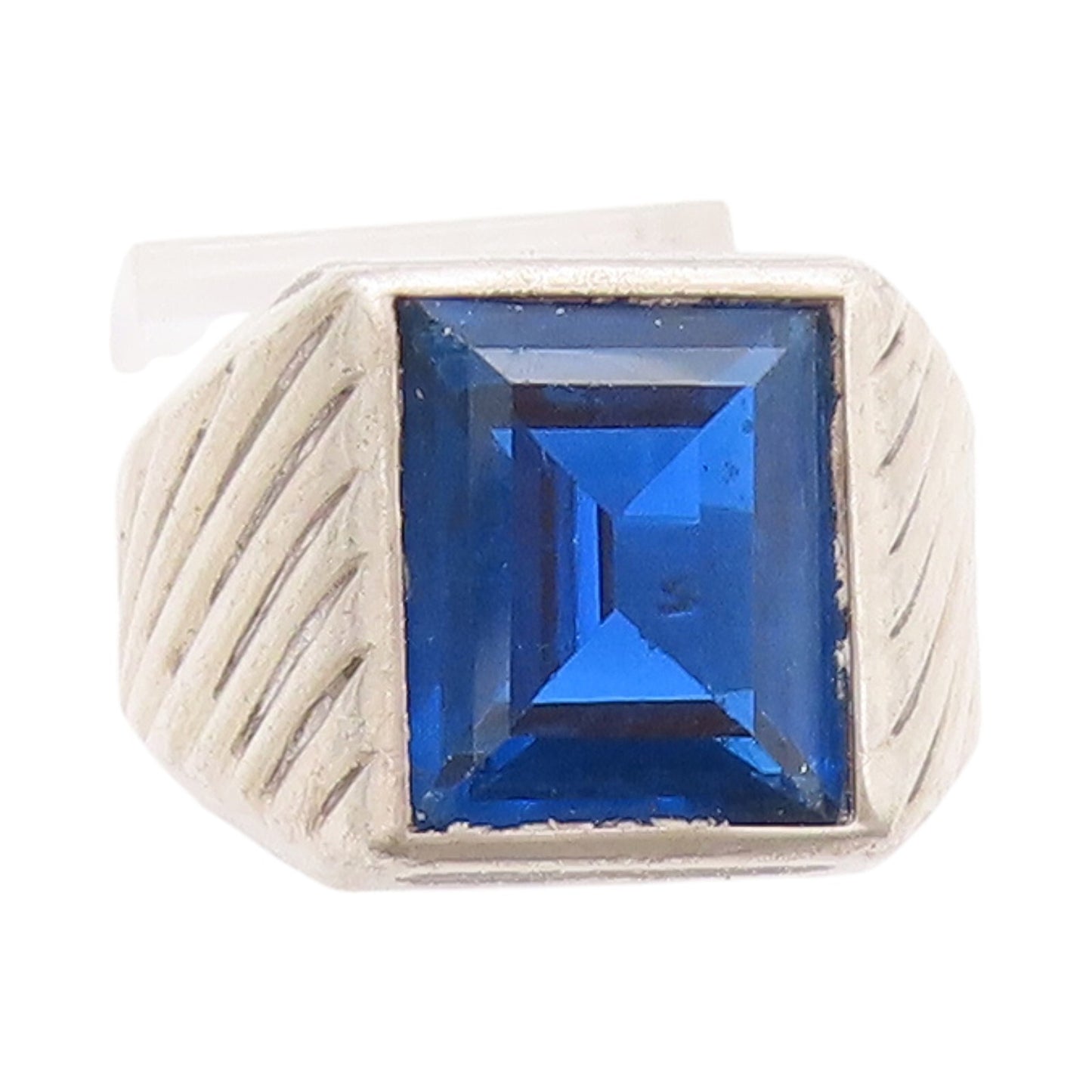 925 Sterling Silver Vintage Ring Rectangle Cut Blue CZ Grooved  SZ 8  RG32178
