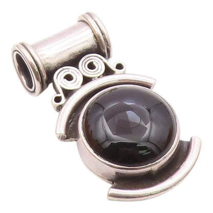 925 Sterling Silver  Vintage Heavy Cabochon Cut Black Onyx Pendant  PT15778