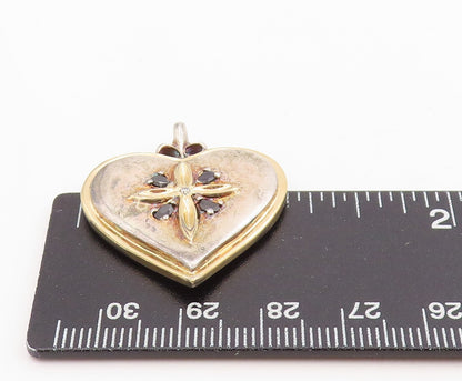 925 Sterling Silver Vintage Pendant Real Diamond Sapphire Heart & Cross  PT25318